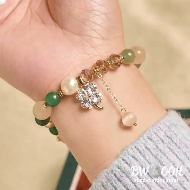 Buddha Stones Four Leaf Clover Amethyst Citrine Green Strawberry Quartz Rutilated Quartz Balance Bracelet - Bracelet