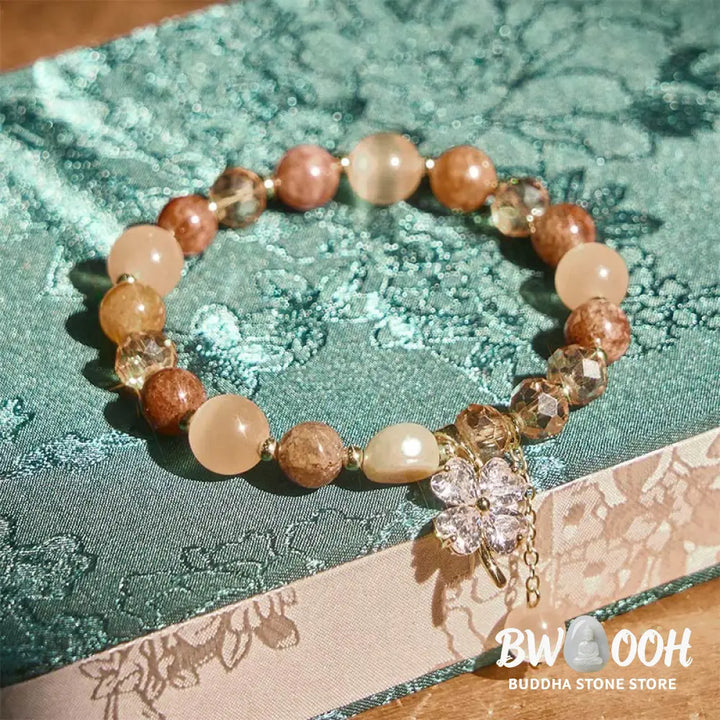 Buddha Stones Four Leaf Clover Amethyst Citrine Green Strawberry Quartz Rutilated Quartz Balance Bracelet - Bracelet