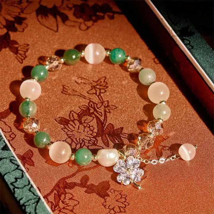 Buddha Stones Four Leaf Clover Amethyst Citrine Green Strawberry Quartz Rutilated Quartz Balance Bracelet - Green