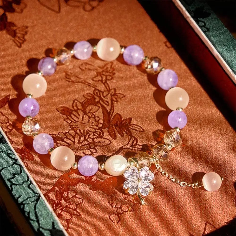 Buddha Stones Four Leaf Clover Amethyst Citrine Green Strawberry Quartz Rutilated Quartz Balance Bracelet