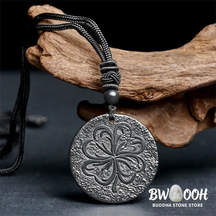Buddha Stones Four Leaf Clover Authentic Shungite Stone Graphite Stone Protection Necklace Pendant - BWOOOH - Shungite