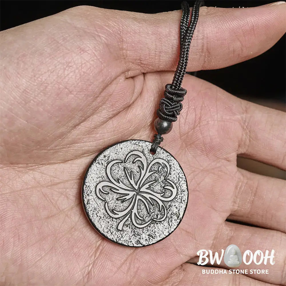 Buddha Stones Four Leaf Clover Authentic Shungite Stone Graphite Stone Protection Necklace Pendant - BWOOOH - Shungite
