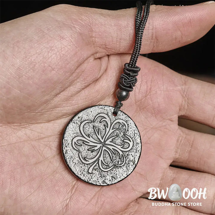 Buddha Stones Four Leaf Clover Authentic Shungite Stone Graphite Stone Protection Necklace Pendant - BWOOOH - Shungite
