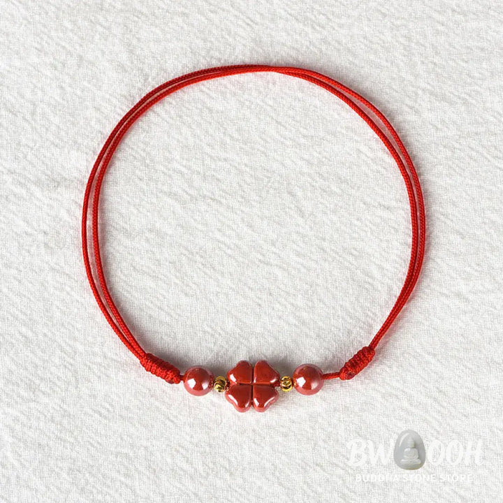 Buddha Stones Four Leaf Clover Cinnabar Blessing Calm String Bracelet Anklet - BWOOOH - Bracelet
