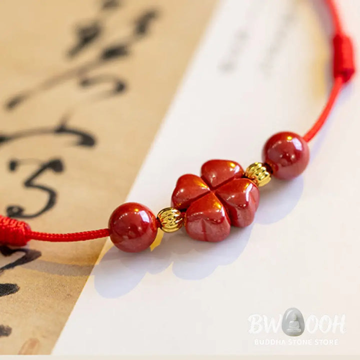 Buddha Stones Four Leaf Clover Cinnabar Blessing Calm String Bracelet Anklet - BWOOOH - Bracelet