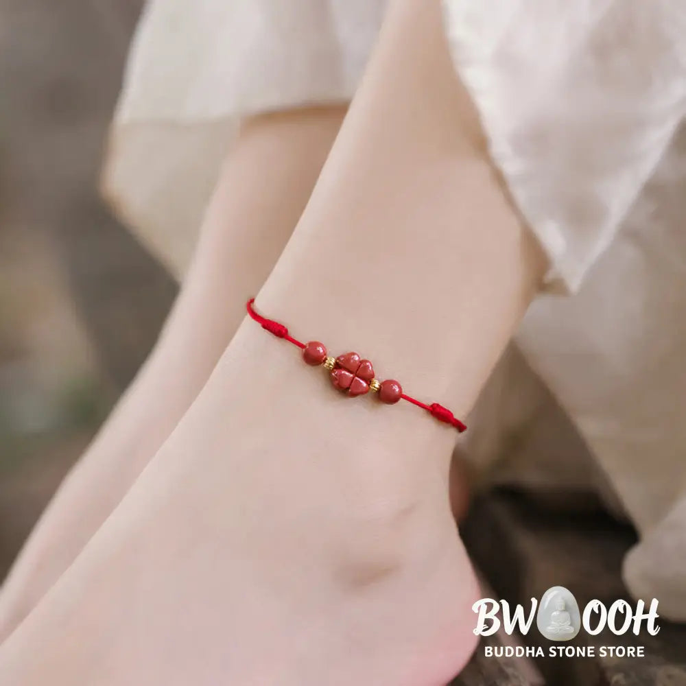 Buddha Stones Four Leaf Clover Cinnabar Blessing Calm String Bracelet Anklet - BWOOOH - Bracelet