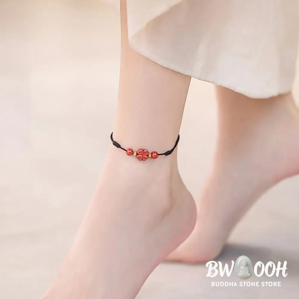 Buddha Stones Four Leaf Clover Cinnabar Blessing Calm String Bracelet Anklet - BWOOOH - Bracelet