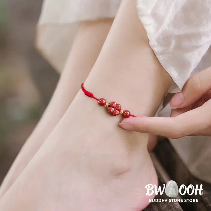 Buddha Stones Four Leaf Clover Cinnabar Blessing Calm String Bracelet Anklet - BWOOOH - Bracelet