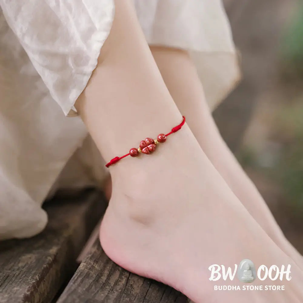 Buddha Stones Four Leaf Clover Cinnabar Blessing Calm String Bracelet Anklet - BWOOOH - Bracelet