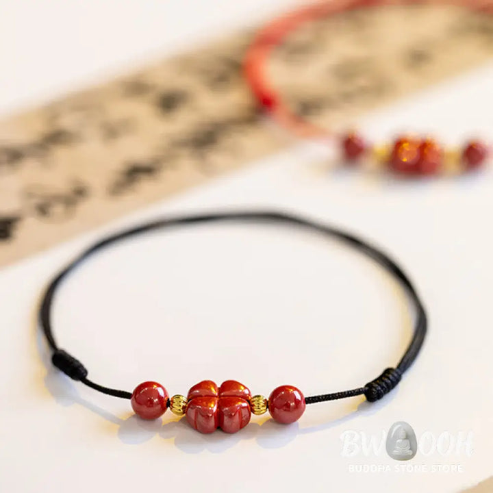 Buddha Stones Four Leaf Clover Cinnabar Blessing Calm String Bracelet Anklet - BWOOOH - Bracelet