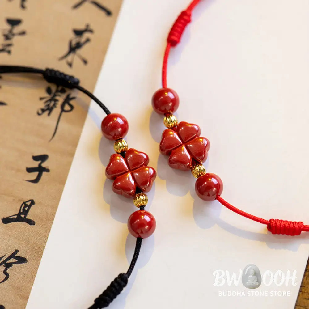 Buddha Stones Four Leaf Clover Cinnabar Blessing Calm String Bracelet Anklet - BWOOOH - Bracelet