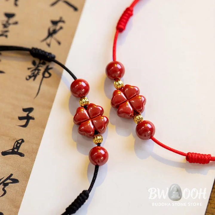 Buddha Stones Four Leaf Clover Cinnabar Blessing Calm String Bracelet Anklet - BWOOOH - Bracelet