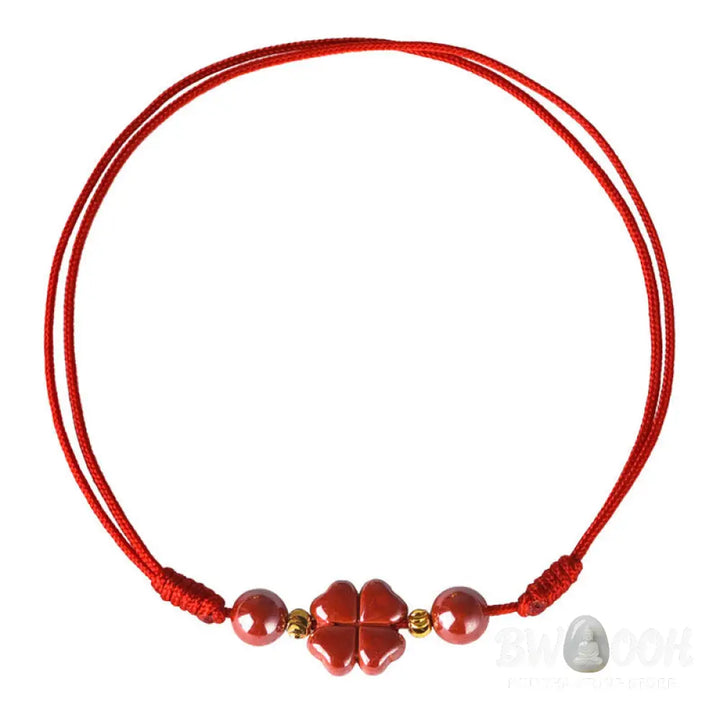 Buddha Stones Four Leaf Clover Cinnabar Blessing Calm String Bracelet Anklet - BWOOOH - Bracelet