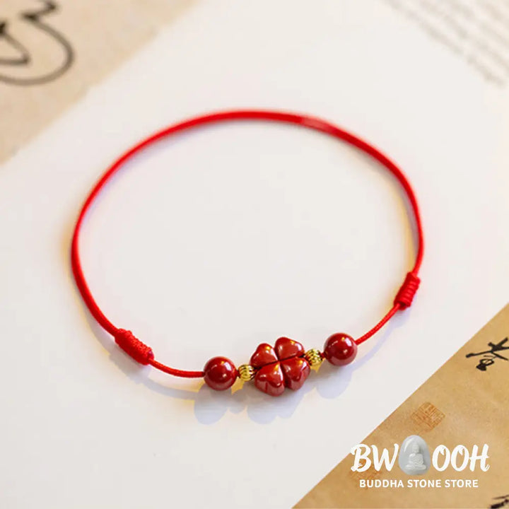 Buddha Stones Four Leaf Clover Cinnabar Blessing Calm String Bracelet Anklet - BWOOOH - Bracelet