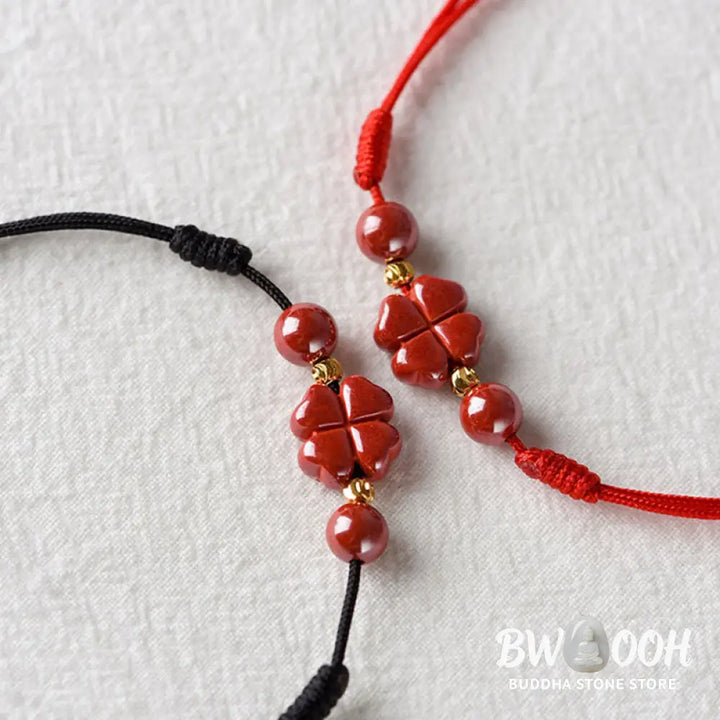 Buddha Stones Four Leaf Clover Cinnabar Blessing Calm String Bracelet Anklet - BWOOOH - Bracelet