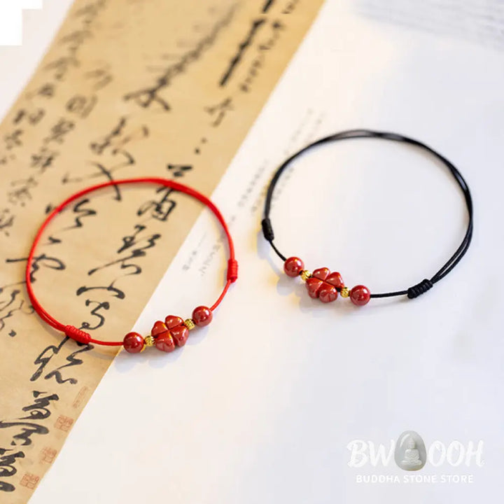 Buddha Stones Four Leaf Clover Cinnabar Blessing Calm String Bracelet Anklet - BWOOOH - Bracelet