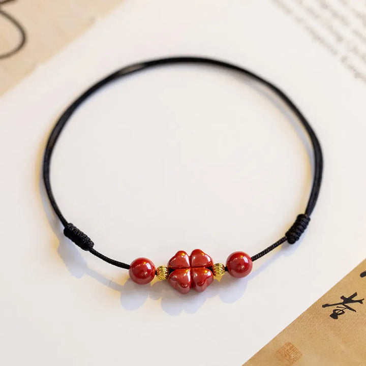 Buddha Stones Four Leaf Clover Cinnabar Blessing Calm String Bracelet Anklet - BWOOOH - Black / Bracelet Circumference