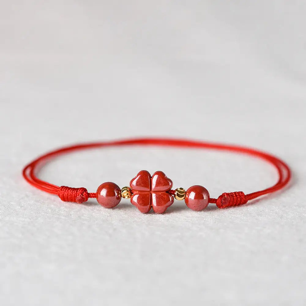 BWOOOH Four Leaf Clover Cinnabar Blessing Calm String Bracelet Anklet - BWOOOH - Red / Bracelet Circumference