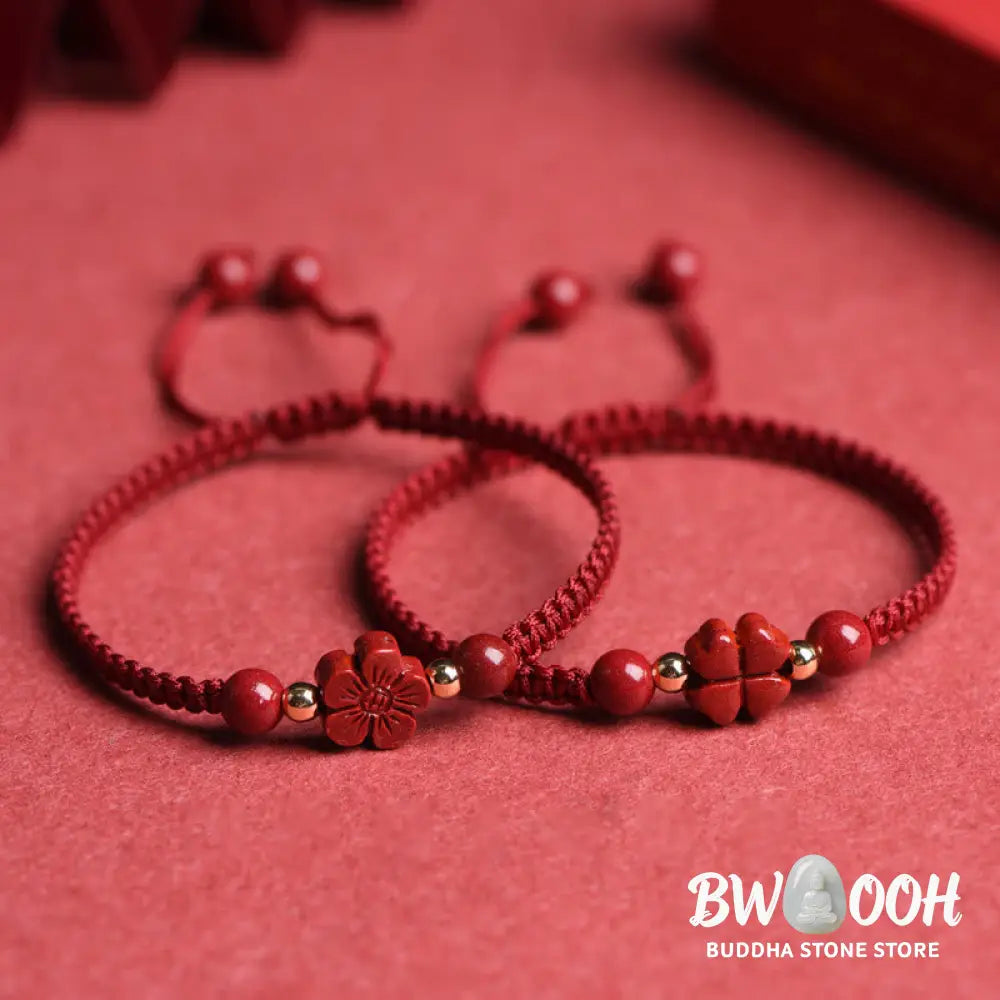 Buddha Stones Four Leaf Clover Five-petal Flower Cinnabar Blessing Red String Bracelet - BWOOOH - Bracelet