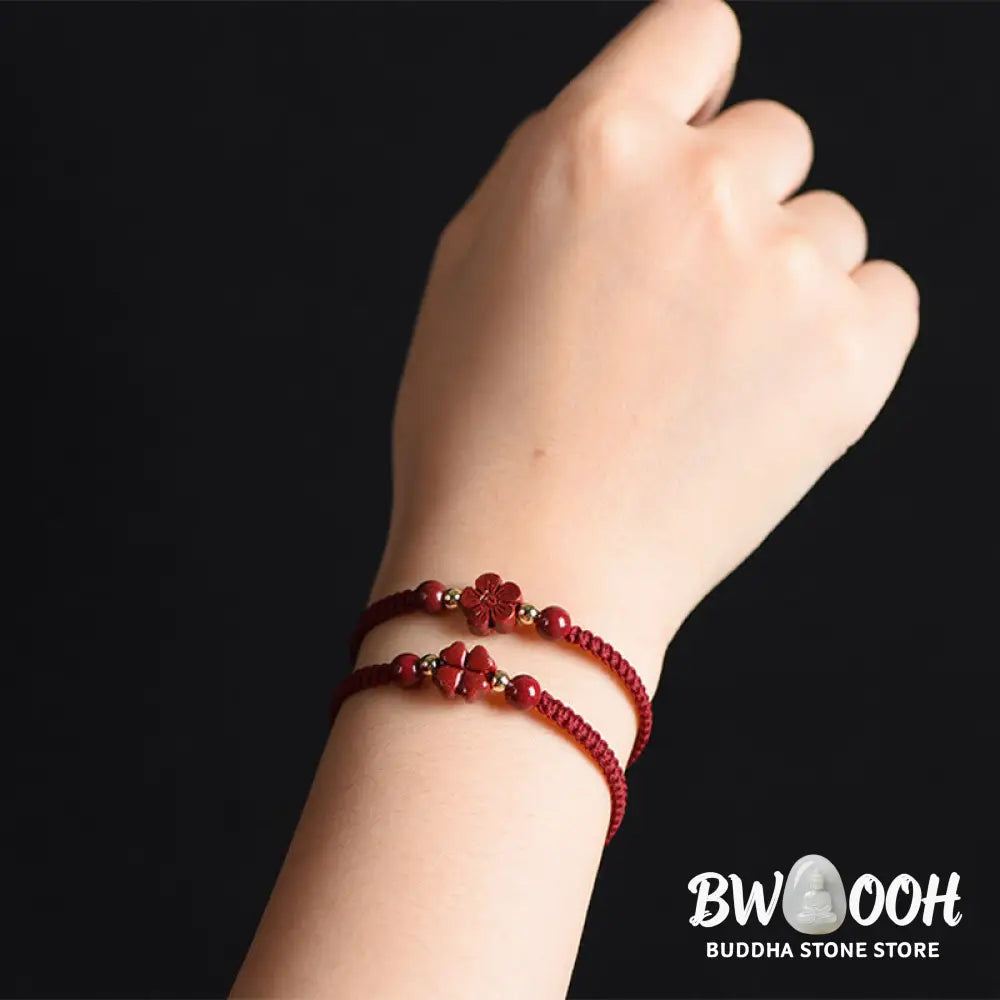 Buddha Stones Four Leaf Clover Five-petal Flower Cinnabar Blessing Red String Bracelet - BWOOOH - Bracelet