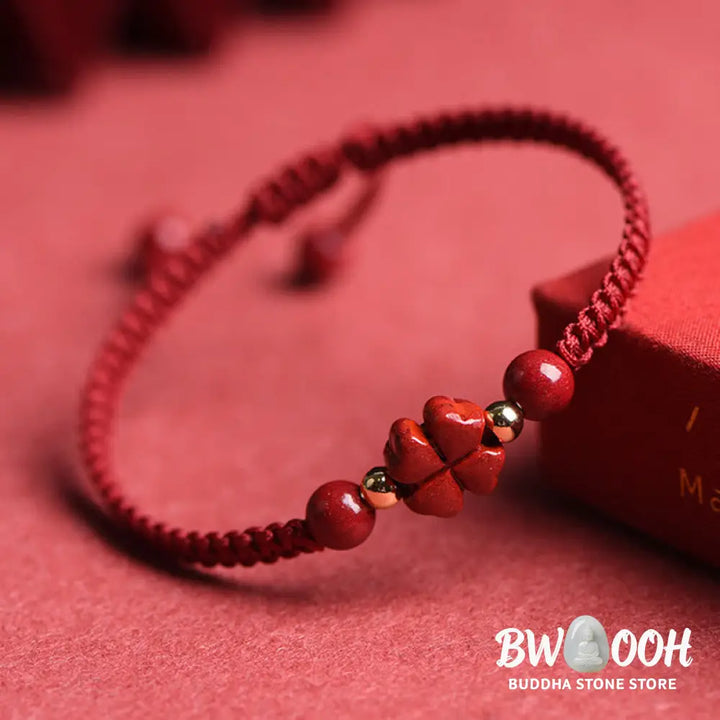 Buddha Stones Four Leaf Clover Five-petal Flower Cinnabar Blessing Red String Bracelet - BWOOOH - Bracelet