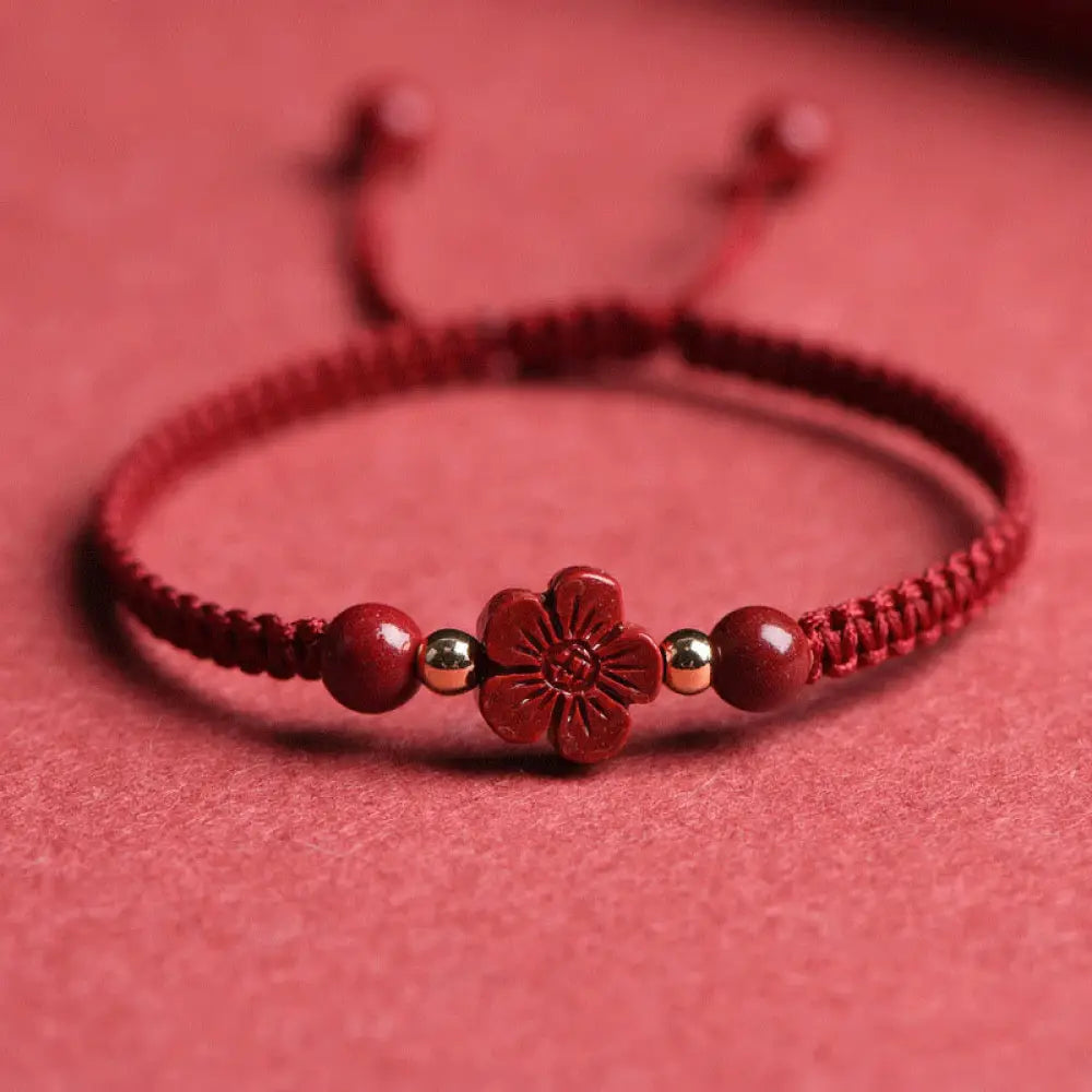 Buddha Stones Four Leaf Clover Five-petal Flower Cinnabar Blessing Red String Bracelet - BWOOOH - Cinnabar / Happiness