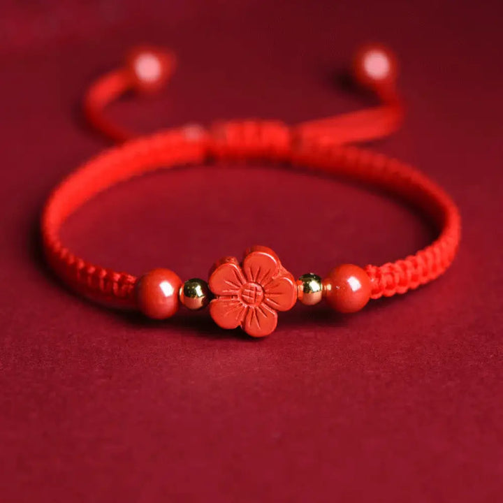 Buddha Stones Four Leaf Clover Five-petal Flower Cinnabar Blessing Red String Bracelet - BWOOOH - Red Cinnabar