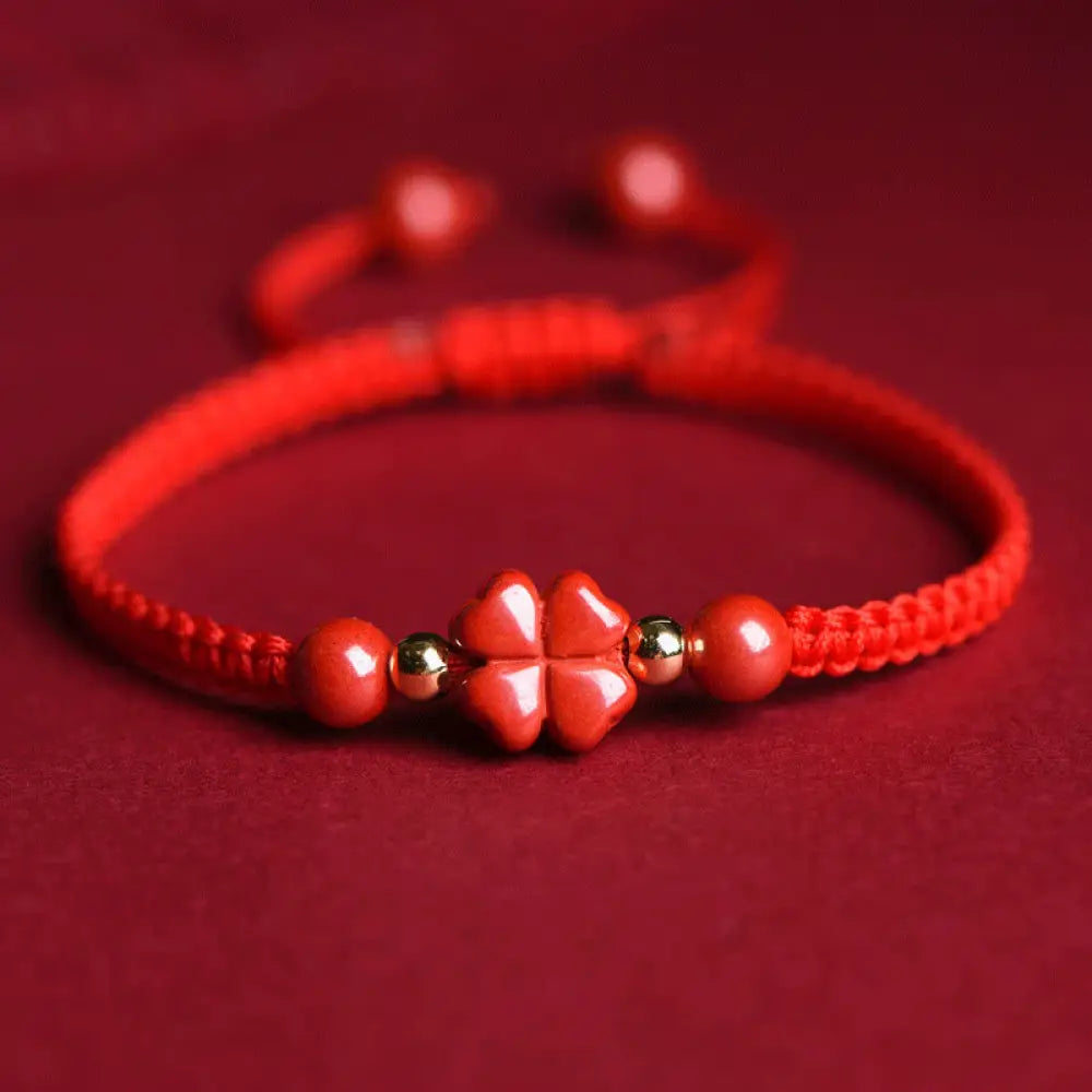 Buddha Stones Four Leaf Clover Five-petal Flower Cinnabar Blessing Red String Bracelet - BWOOOH - Red Cinnabar / Lucky
