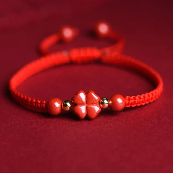 Buddha Stones Four Leaf Clover Five-petal Flower Cinnabar Blessing Red String Bracelet - BWOOOH - Red Cinnabar / Lucky