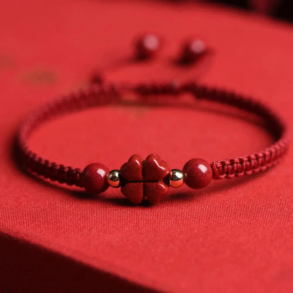 BWOOOH Four Leaf Clover Five-petal Flower Cinnabar Blessing Red String Bracelet – Cinnabar crystal healing bracelet for healing and spiritual wellness