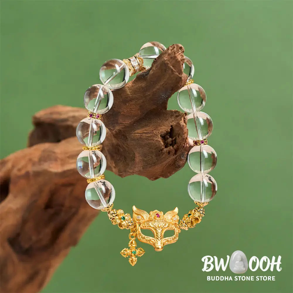Buddha Stones Fox Cross Charm White Crystal Beaded Protection Bracelet - White Crystal(Wrist Circumference: 14-19cm)
