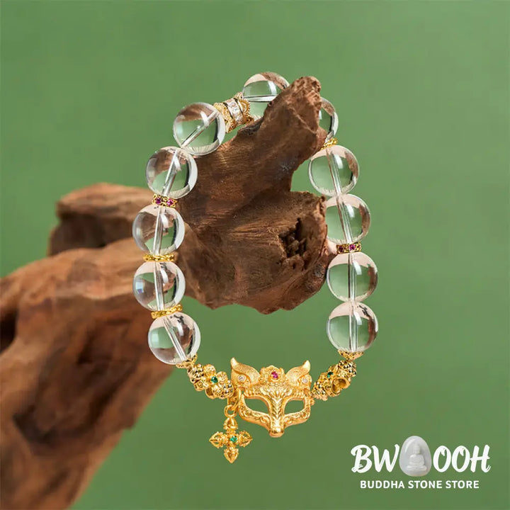 Buddha Stones Fox Cross Charm White Crystal Beaded Protection Bracelet - White Crystal(Wrist Circumference: 14-19cm)