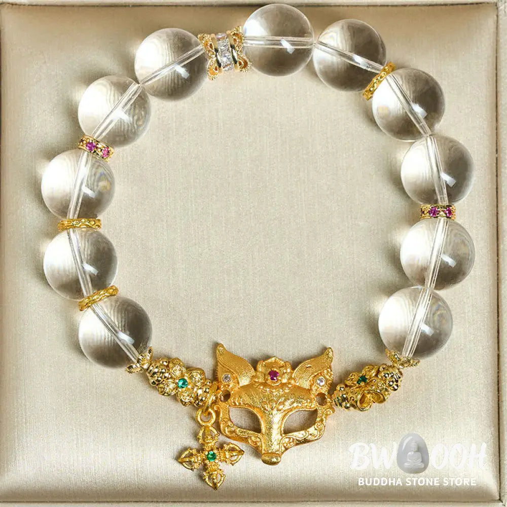 Buddha Stones Fox Cross Charm White Crystal Beaded Protection Bracelet - White Crystal(Wrist Circumference: 14-19cm)