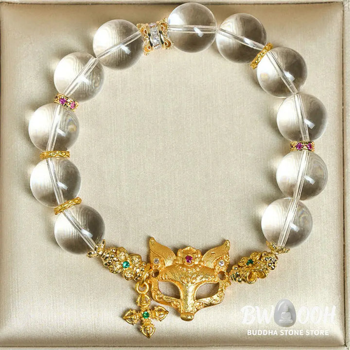 Buddha Stones Fox Cross Charm White Crystal Beaded Protection Bracelet - White Crystal(Wrist Circumference: 14-19cm)