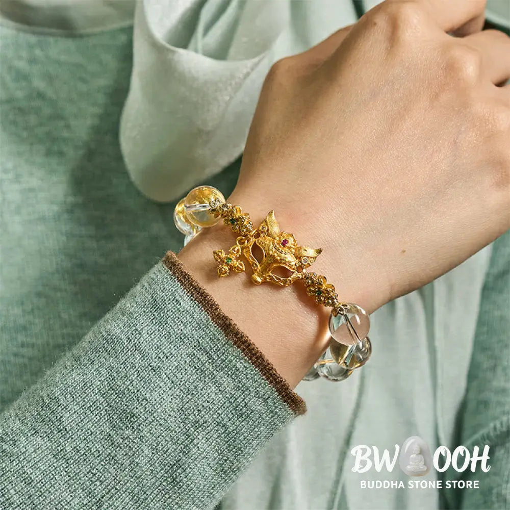 Buddha Stones Fox Cross Charm White Crystal Beaded Protection Bracelet - White Crystal(Wrist Circumference: 14-19cm)
