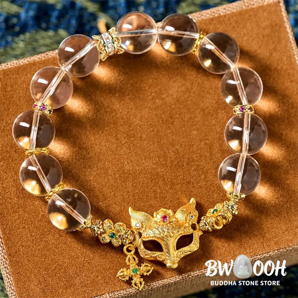 Buddha Stones Fox Cross Charm White Crystal Beaded Protection Bracelet - White Crystal(Wrist Circumference: 14-19cm)