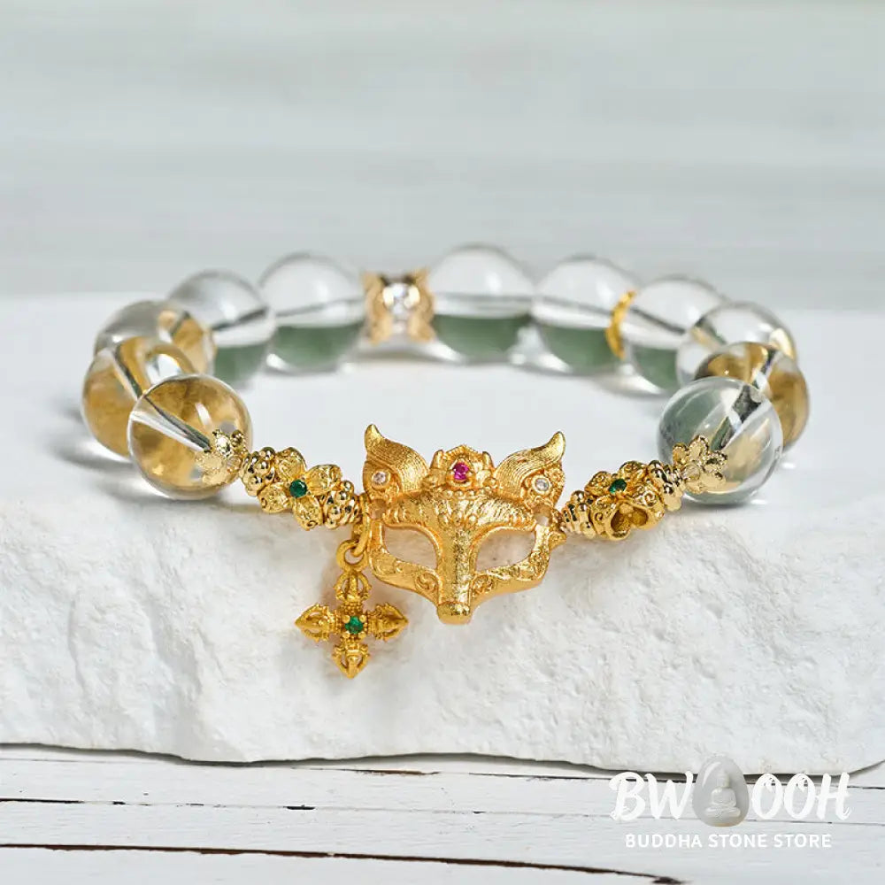 Buddha Stones Fox Cross Charm White Crystal Beaded Protection Bracelet - White Crystal(Wrist Circumference: 14-19cm)