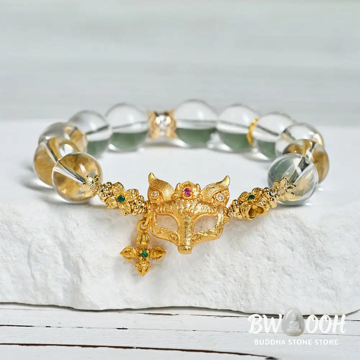 Buddha Stones Fox Cross Charm White Crystal Beaded Protection Bracelet - White Crystal(Wrist Circumference: 14-19cm)