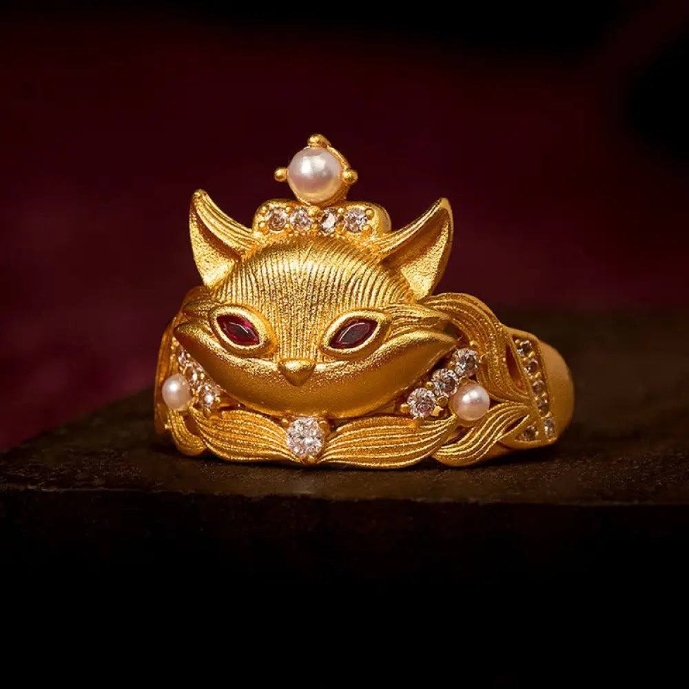 BWOOOH Fox Head Design 24k Gold Plated Brass Adjustable Ring — Gold Plated crystal healing bracelet for spiritual healing ...