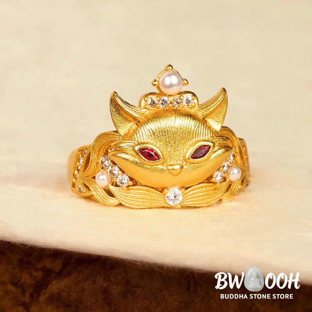 Buddha Stones Fox Head Design 24k Gold Plated Brass Adjustable Ring - Adjustable - Ring