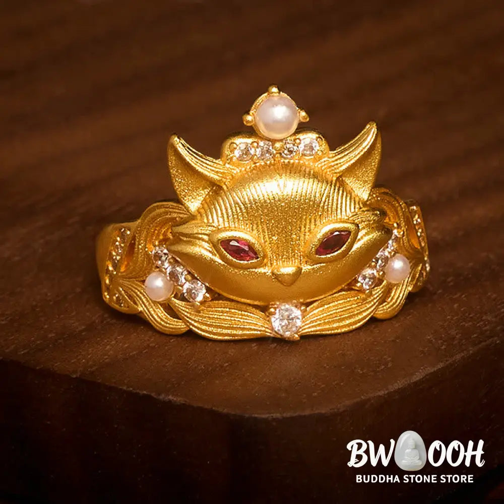 Buddha Stones Fox Head Design 24k Gold Plated Brass Adjustable Ring - Adjustable - Ring