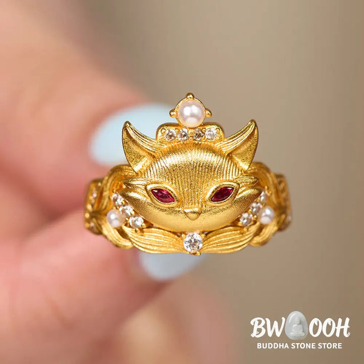 Buddha Stones Fox Head Design 24k Gold Plated Brass Adjustable Ring - Adjustable - Ring