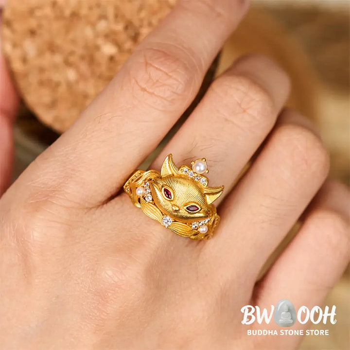 Buddha Stones Fox Head Design 24k Gold Plated Brass Adjustable Ring - Adjustable - Ring