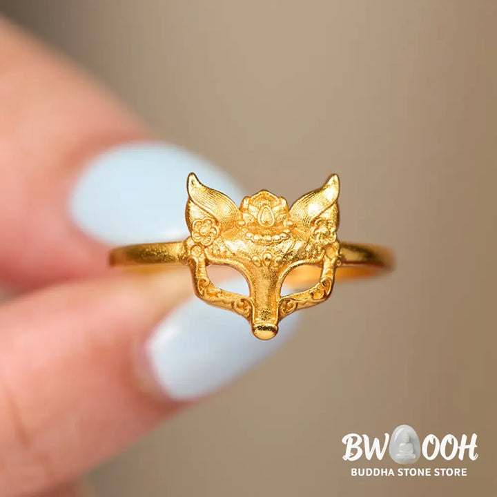 Buddha Stones Fox Mask 24k Gold Plated Brass Ring - Adjustable - Ring
