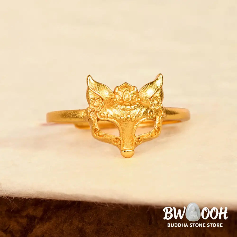 Buddha Stones Fox Mask 24k Gold Plated Brass Ring - Adjustable - Ring