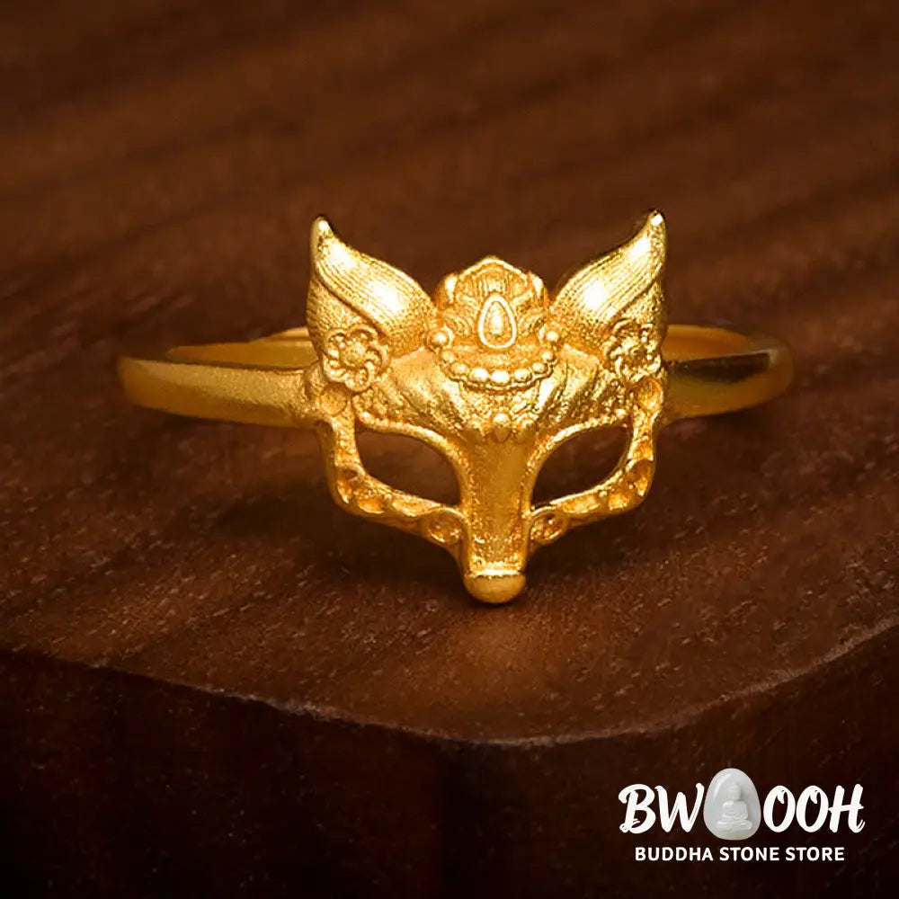 Buddha Stones Fox Mask 24k Gold Plated Brass Ring - Adjustable - Ring