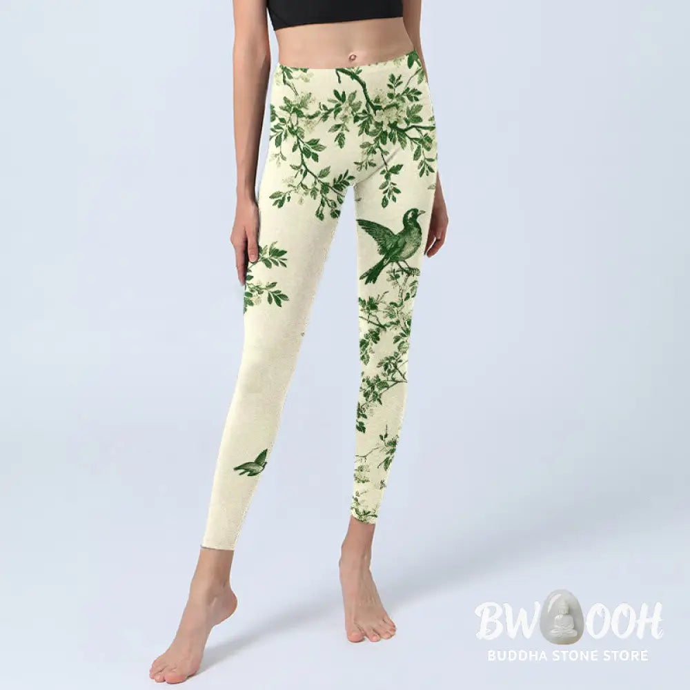 Buddha Stones Fresh Tree Flower Leaf Bird Pattern Print Gym Leggings Women&