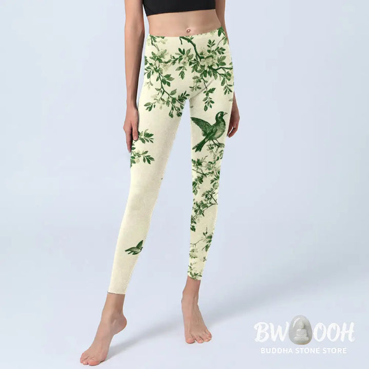 Buddha Stones Fresh Tree Flower Leaf Bird Pattern Print Gym Leggings Women&