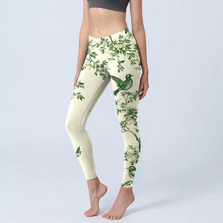 BWOOOH printed yoga leggings - Fresh Tree Flower Leaf Bird Pattern Prin