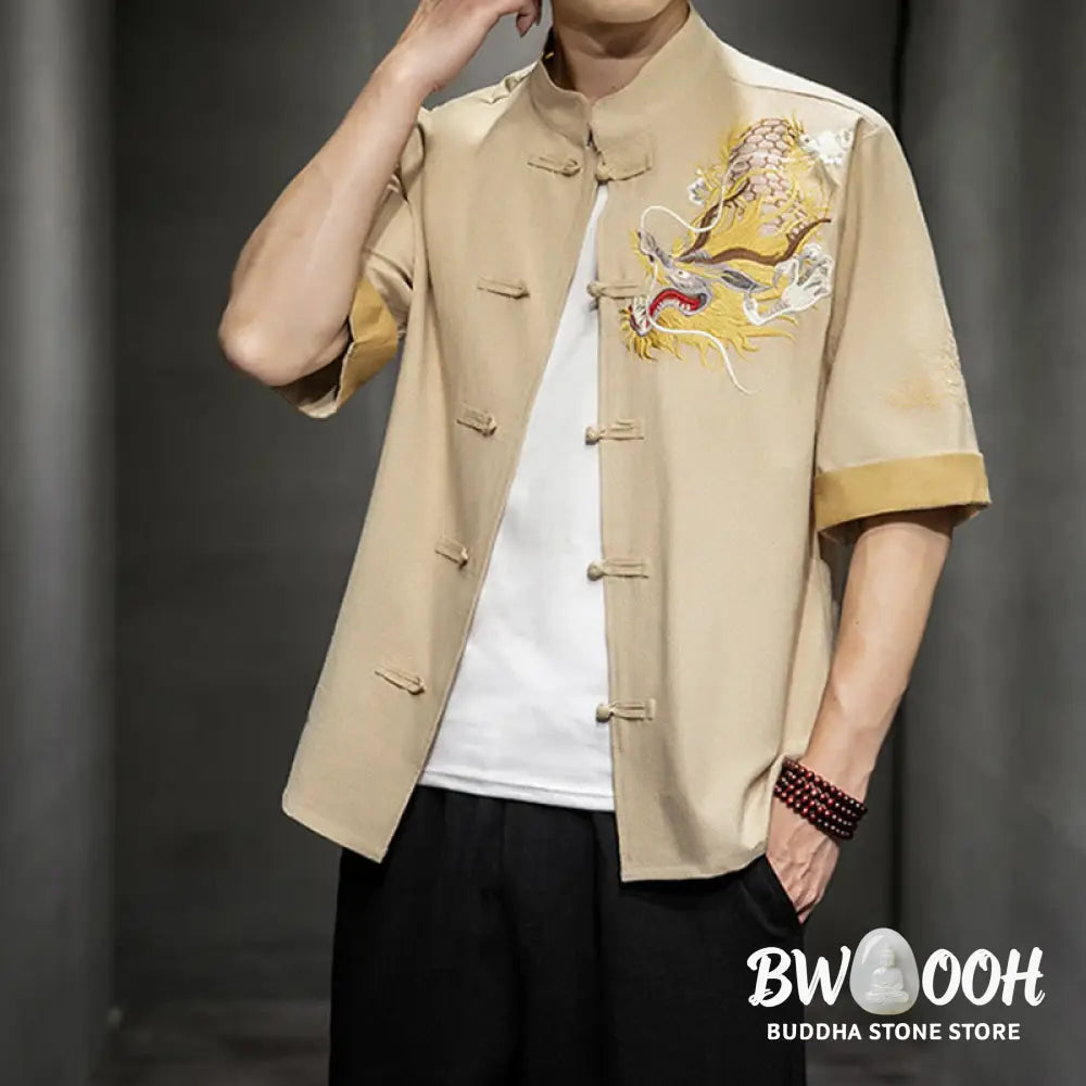 Buddha Stones Frog-Button Chinese Dragon Auspicious Cloud Embroidery Half Sleeve Shirt Cotton Linen Men Clothing
